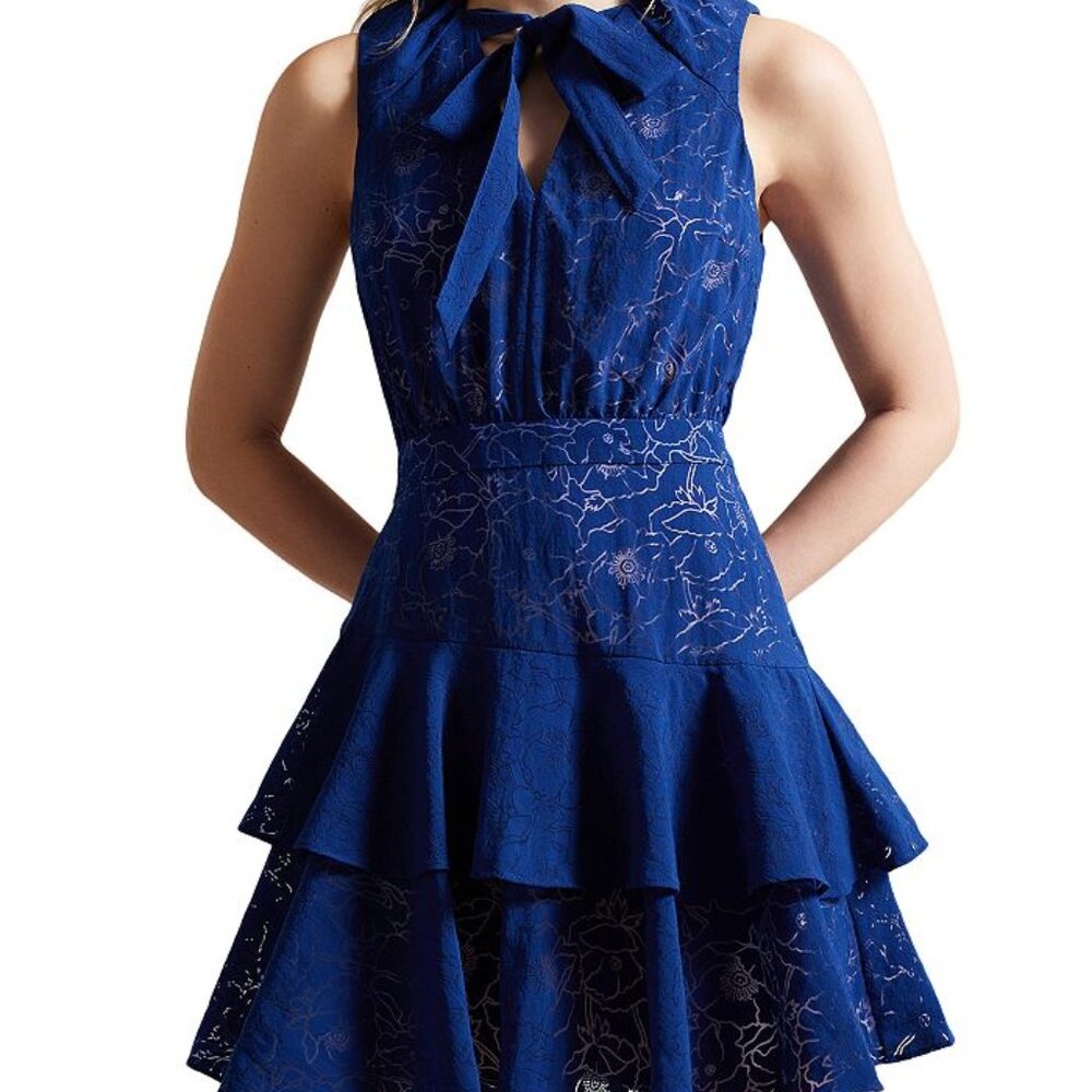 Ted Baker London ! Blue Timmia Asymmetric Floral Devoré Mini Dress ( 2)